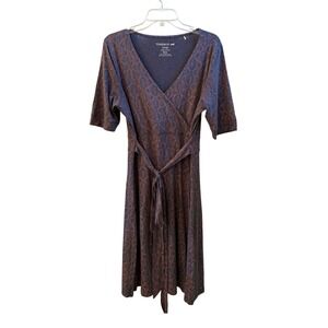 Toad&Co Womens Large Blue Geometric Wrap Dress Organic Cotton Tencel Pockets